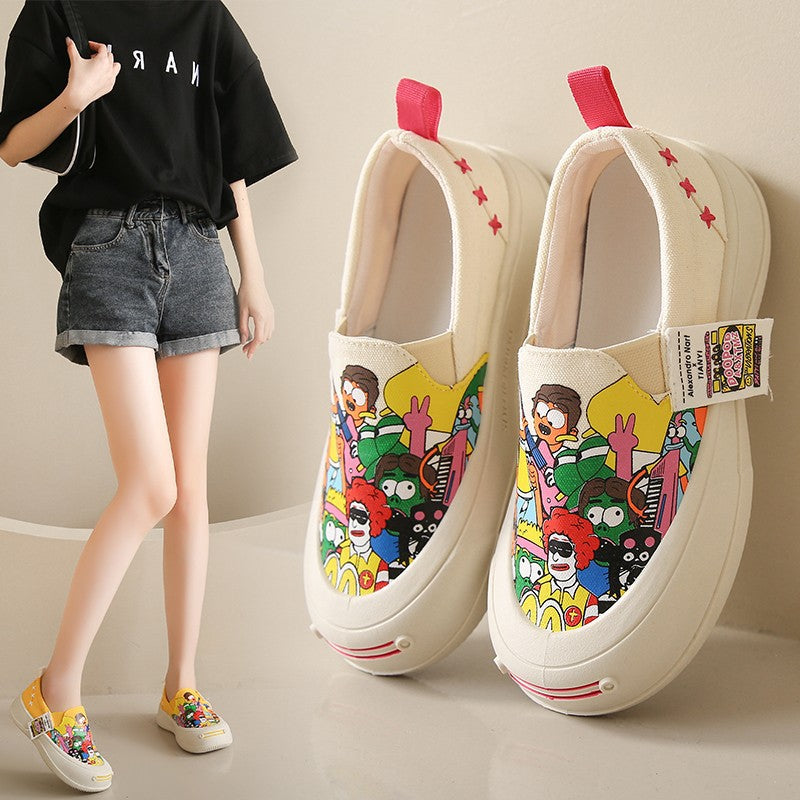 Loafers Women's  Spring New Fashion Versatile Cartoon Picture Women's Shoes Thick Bottom Casual Slip-on Muffin Canvas Shoes