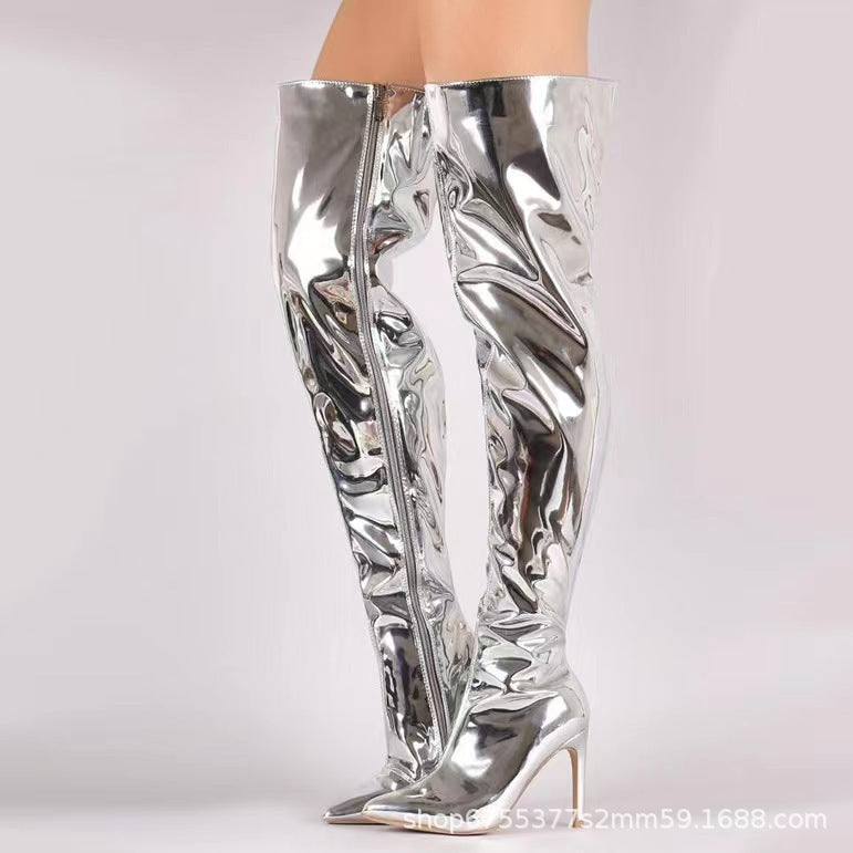 Fall  New   Silver over-the-Knee Boots HOTan and NEWn Style Stiletto Heels Size 43
