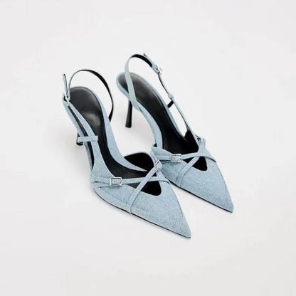 sengpashop Pointed Stiletto Heel Denim High Heels Summer Niche Temperament  New Style Buckle Closed Toe Fashion Women's Sandals