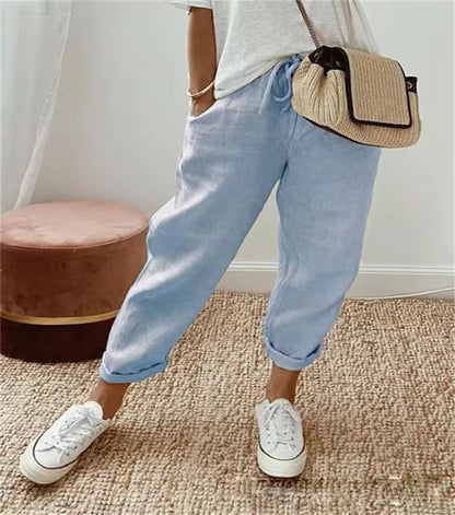 Europe and America Cross Border  New Women's Cotton and Linen Trousers Pocket Elasticated Slacks Women's Pants Lazy Relaxed Feeling