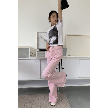 Yilin Sweet Cool Girl Pink Jeans for Women 2024 Summer New High Waist Korean Style Personalized Pocket Bell-Bottom Pants