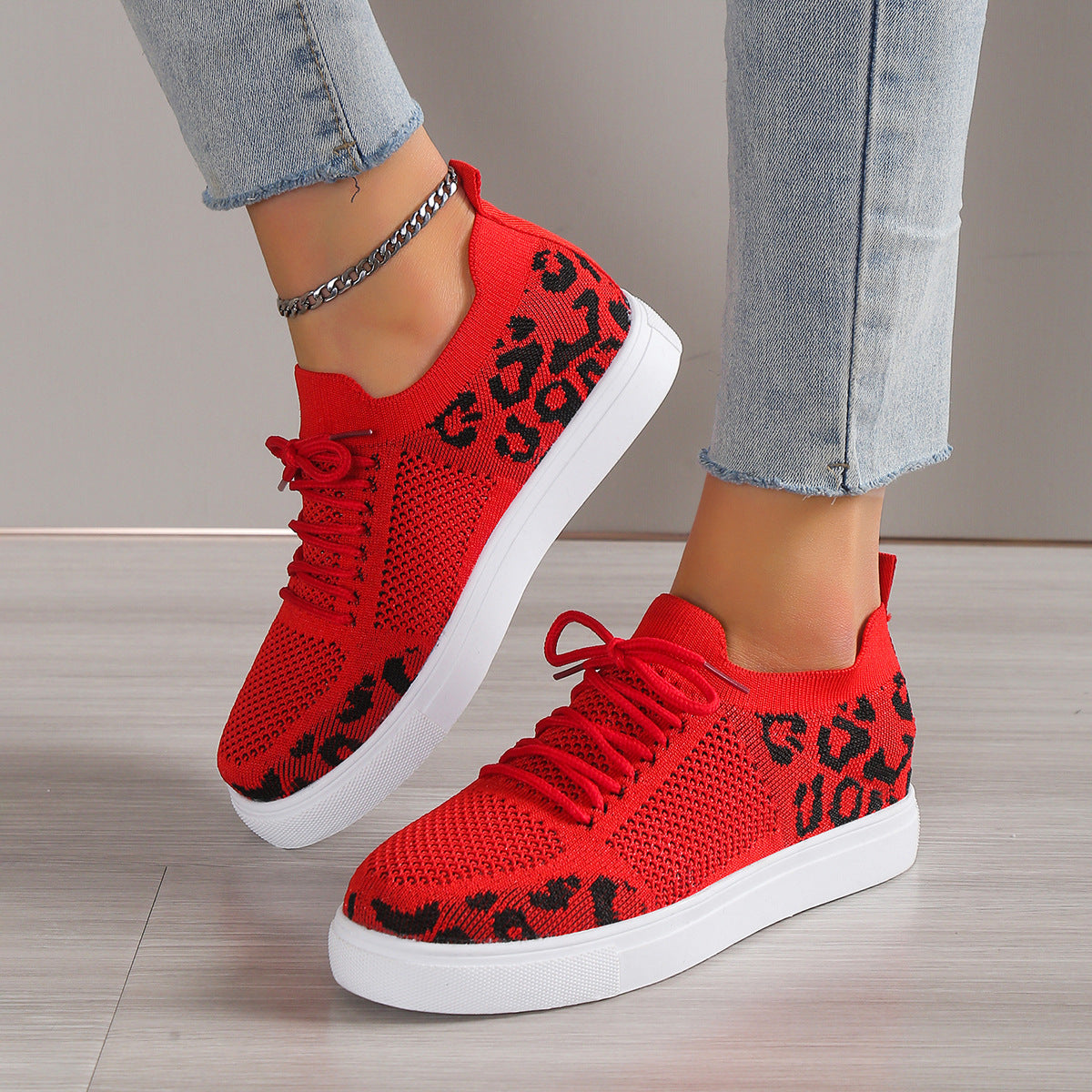 Cross-Border plus Size Women's Casual Sports Single-Layer Shoes  New Leopard Print round Head Lace-up Flat Bottom Comfort Mesh Women's Shoes