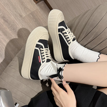 Summer New Trendy Women's Shoes Korean Style Canvas Shoes Thick Bottom Bread Shoes Fashion Ins White Shoes Platform Shoes Soft Bottom