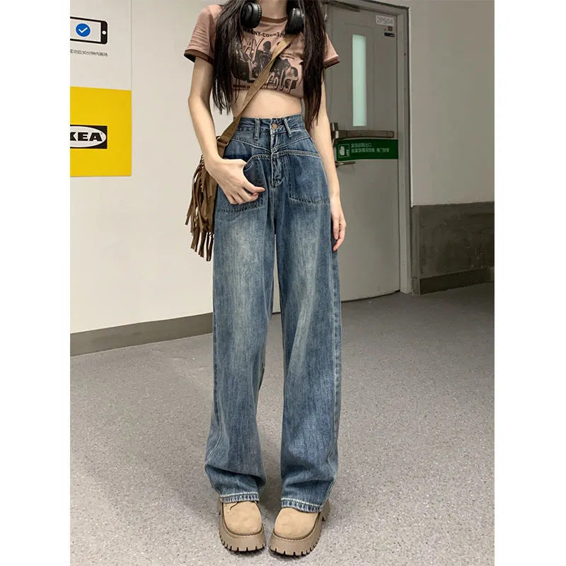 Retro Draping Jeans Women's Loose Autumn New High Waist Wide Leg Pants Slimming All-Matching Straight Mop Pants Fashion