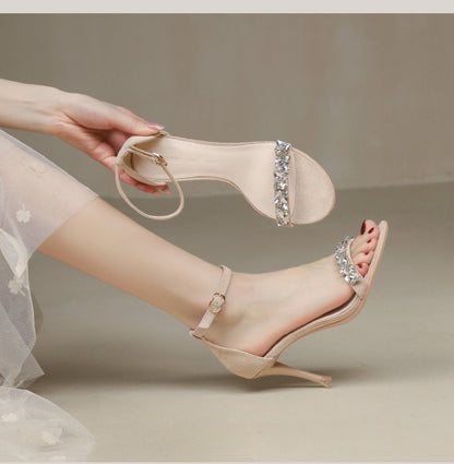 sengpashop Summer New Rhinestone with Skirt High Heels Women's Ankle-Strap Stilettos Sandals Elegant Socialite Fashion Women's Shoes