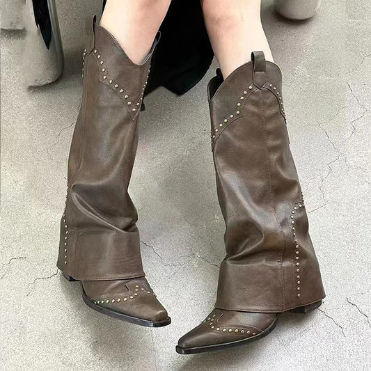 Factory in Stock Retro Pointed Toe Knee-High Boots Female Summer New Brown Rivet Pantyhose Boots All-Matching Chunky Heel Boots Tide