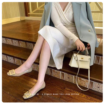 sengpashop RV Square Buckle Chunky Heel Pumps Female  Women's New Shoes for Spring Elephant Gray Patent Leather All-Matching High Heels Square Toe Low-Cut