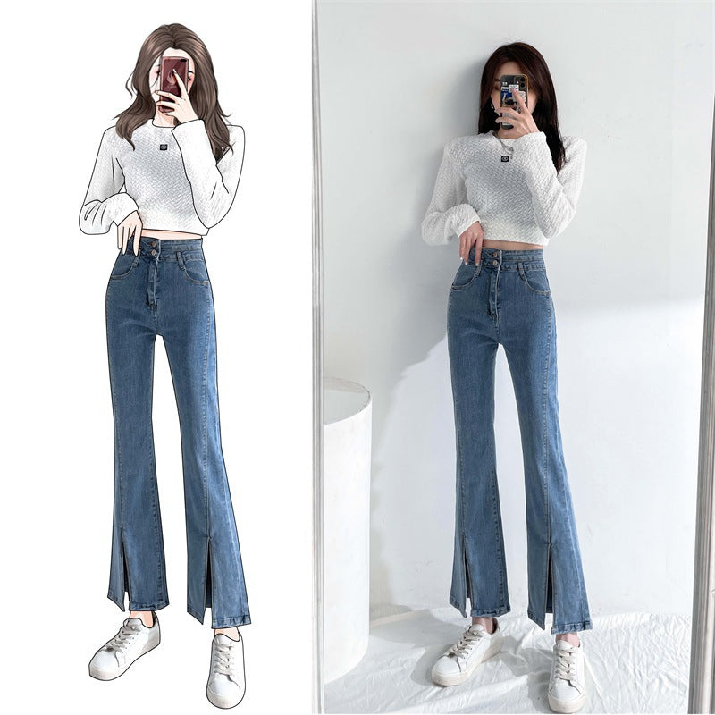 Jeans Women's Spring and Autumn High Waist Korean Style Student Split Bootcut Trousers Loose Elastic Straight Teenage Leisure Pants