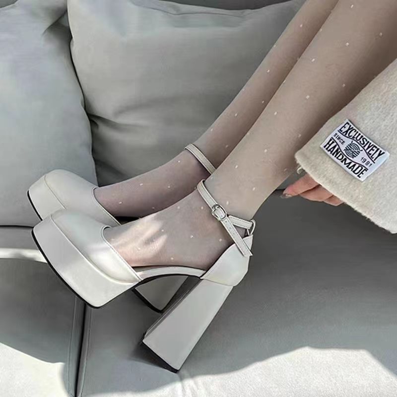 sengpashop High Heels White Barbie Shoes Sweet Fairy Style Platform Height Increasing Chunky Heel Mary Jane Shoes Small Leather Shoes for Women