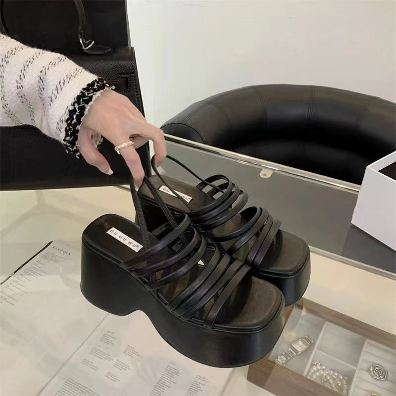 sengpashop HOTan and NEWn  Summer New Fashion Thick Bottom Platform Heel Women's Shoes Casual round Toe High Heel Black Sandals Wholesale