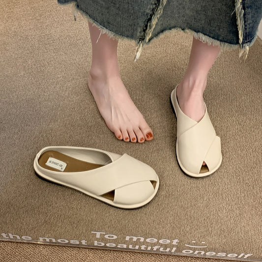 Simple Style Closed Toe Half Slippers for Women Summer Outdoor Wear  New Wanwan Lei Style Gentle Flat Slip-on Lofter Sandals