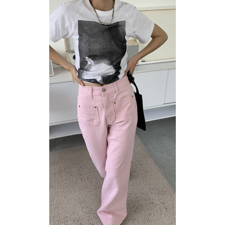 Yilin Sweet Cool Girl Pink Jeans for Women 2024 Summer New High Waist Korean Style Personalized Pocket Bell-Bottom Pants