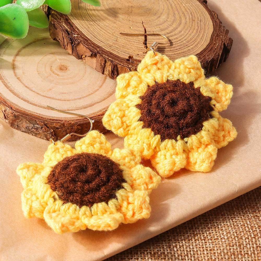 Lianfudai knitted Jewelry New Knitted Wool Flower Sunflower Earrings Creative Design Simple Earrings Pendant