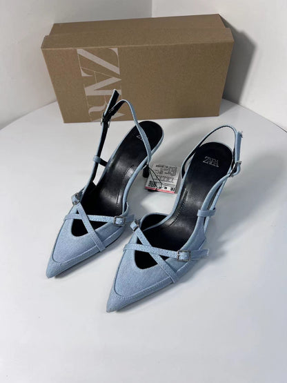 sengpashop Sky Blue Denim Pointed Buckle High Heel Sandals Cross Strap  New Women's Shoes Za High Heels  Style