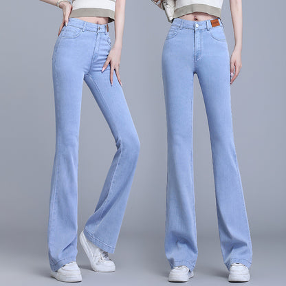 Light Color Lyocell Denim Bootcut Trousers Women's 2024 Summer New High Waist Slimming Thin Jeans Straight Flare Pants