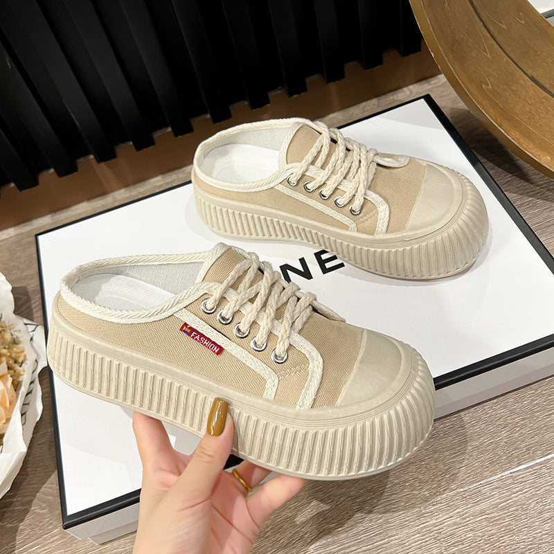 Summer New Trendy Women's Shoes Korean Style Canvas Shoes Thick Bottom Bread Shoes Fashion Ins White Shoes Platform Shoes Soft Bottom