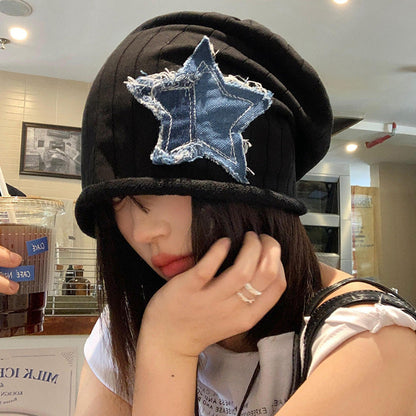 Lianfudai fall outfits 2024 Japanese Style Retro Denim Star Pile Hat Women's Autumn and Winter All-Match Fashion Bag Head Hat Niche Face-Looking Small Hat Fashion