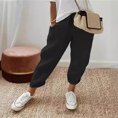 Europe and America Cross Border  New Women's Cotton and Linen Trousers Pocket Elasticated Slacks Women's Pants Lazy Relaxed Feeling