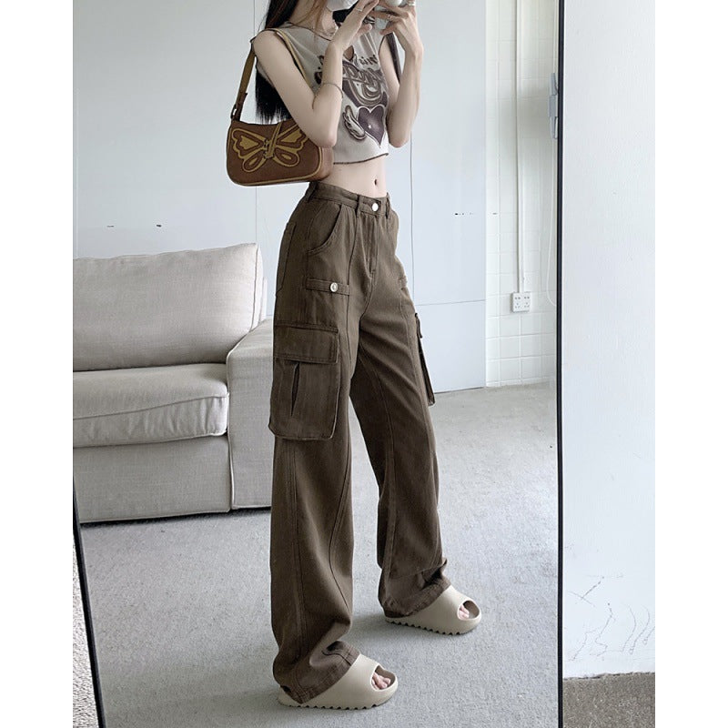 American Denim Overalls Women's 2024 New Retro High Waist Loose and Slimming Pocket Trousers Wide Leg Pants