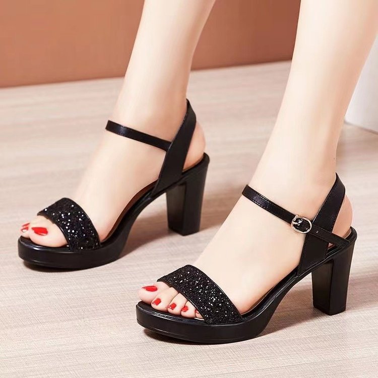 sengpashop Women's Buckle High Heel Sandals  New Summer Elegant Roman Sandals Women's Chunky Heel Model Catwalk Women's Shoes