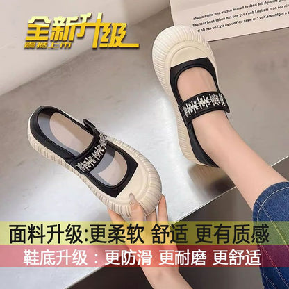 Spring Thick Bottom Velcro Canvas Shoes for Women  New Popular Slip-on Cloth Shoes Mary Jane White Shoes Pumps