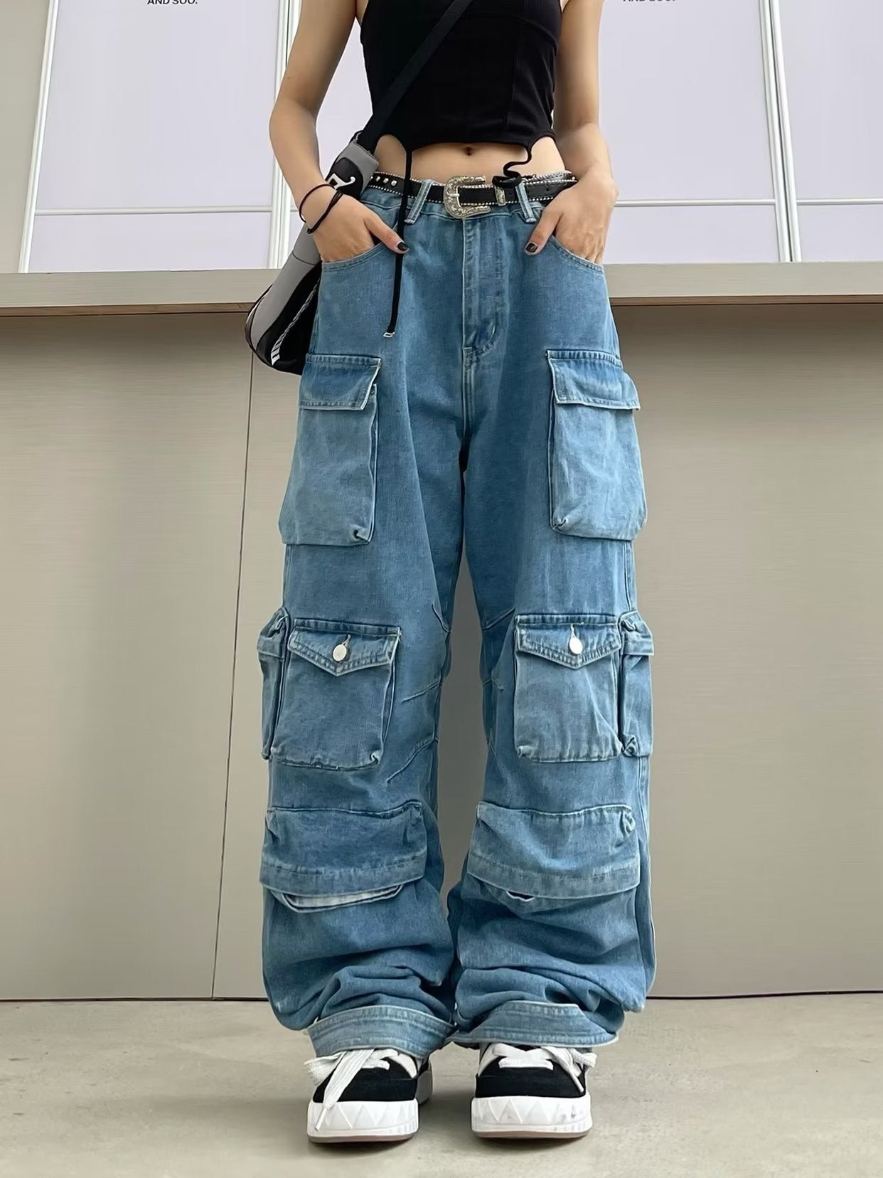 European and American Women's Clothing  Jeans  New Hot Selling Trendy Multi-Pocket Jeans Washed Overalls