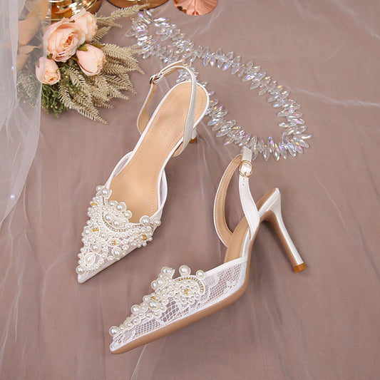 sengpashop Huidong County Sandals Women  White Wedding Shoes Women Lace Shoes Fashion High Heels Pearl Women's Shoes One Piece Dropshipping