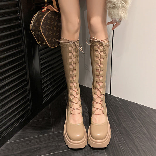 Women's Summer Hollow-out Mesh Boots Chunky Heel Long Boots Martin Boots Thick Bottom Increased by Sandal Boots High Heel Stretch Boots