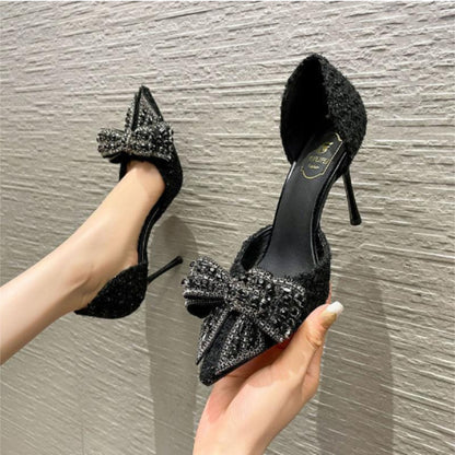 sengpashop Black High Heels Women's Stiletto Heel Pointed Toe  New Elegant Socialite Bow Rhinestone Shoes Hollowed Sandals