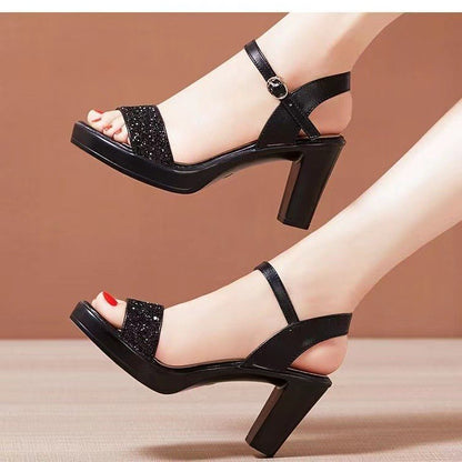 sengpashop Women's Buckle High Heel Sandals  New Summer Elegant Roman Sandals Women's Chunky Heel Model Catwalk Women's Shoes