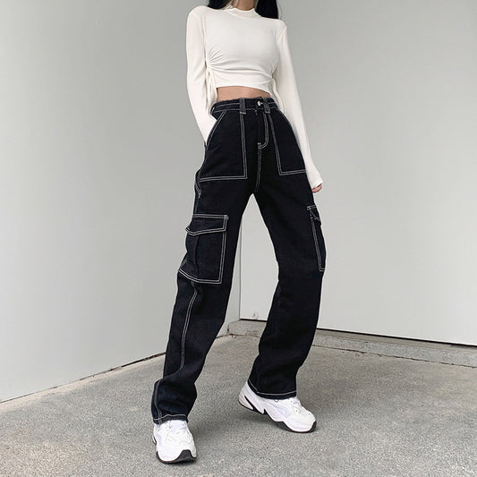 American-Style Bright Line Workwear with Pocket Jeans Women's High Waist Wide Leg Loose Straight Pants Draped Mop Trousers Ins