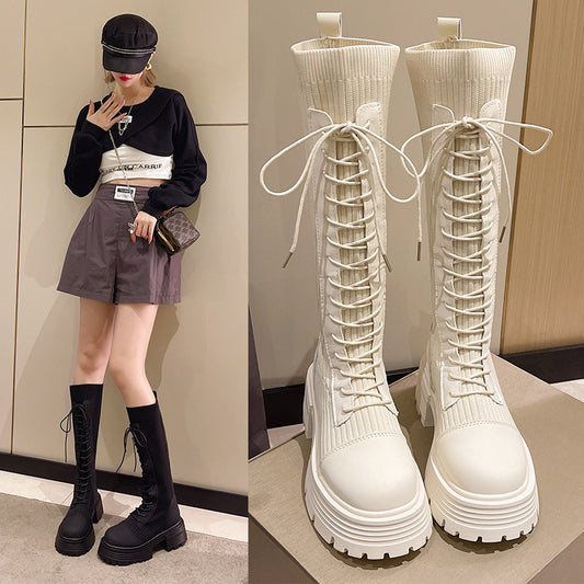 High Boots, Female  Stretch Flyknit Socks Boots Thick Bottom Knitted Thin British Style Martin Boots High Tube Fashionable Boots