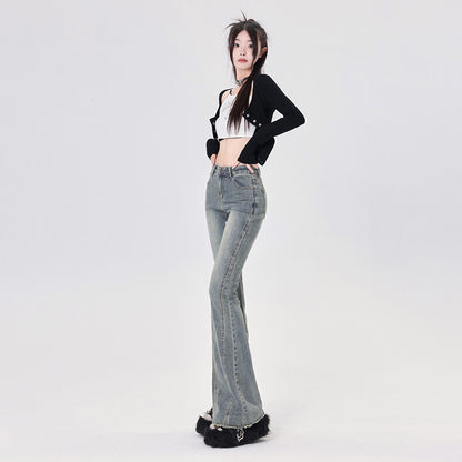 American Retro Hot Girl Raw Edges Design High Waist Trousers Slimming All-Matching Slim Fit Trendy Mopping Slightly Flared Jeans Women