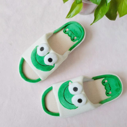 New Spring and Summer Home Couple Linen Slippers Four Seasons Non-Slip Thick Bottom Cartoon Three-Dimensional Frog Sandals for Women Wholesale