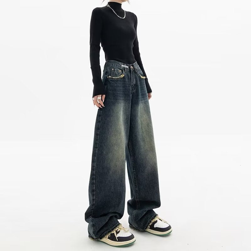 Retro Washed Jeans Women Spring Autumn Loose High Waist Casual Wide Leg Pants American High Street Straight Mopping Pants