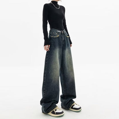 Retro Washed Jeans Women Spring Autumn Loose High Waist Casual Wide Leg Pants American High Street Straight Mopping Pants