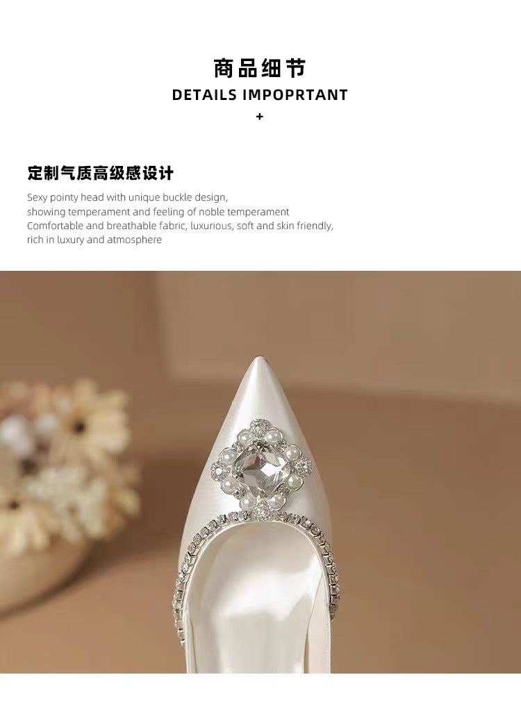 sengpashop Guanghe Bright High-Grade  Beauty Wedding Reception Shoes Wedding Shoes Women's Bridal Shoes White Rhinestone High-Heeled Wedding Dress Single