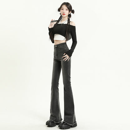 Slightly Flared Jeans Women's Spring and Summer High Waist Slimming Horseshoe Pants Small Stretchy Burr Long Pants Women's