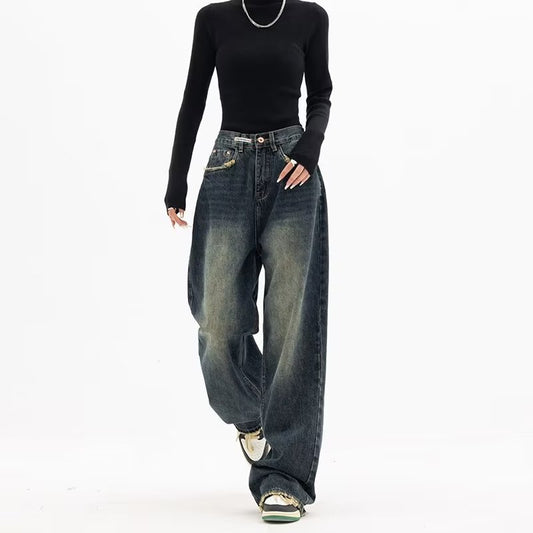 Retro Washed Jeans Women Spring Autumn Loose High Waist Casual Wide Leg Pants American High Street Straight Mopping Pants