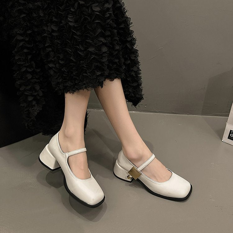 sengpashop With Skirt High Heel Pumps Low Mouth Autumn and Winter Korean Style Women's Shoes  Retro Black Mary Jane Shoes Small Leather Shoes