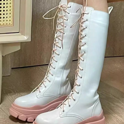 Super Tender Girl Pink Martin Boots White Platform below the Knee Long Boots Lace up Knight Height Increasing Princess Ins