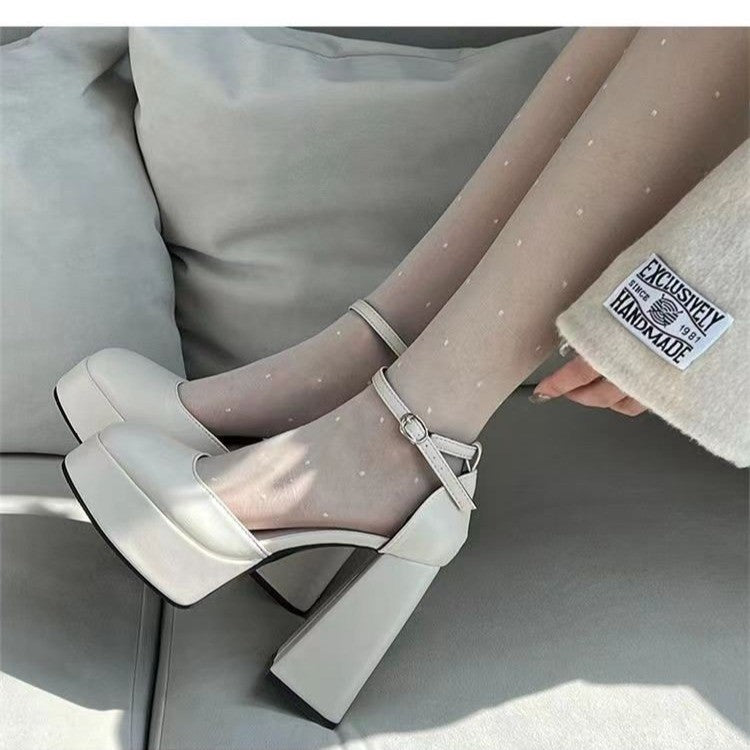 sengpashop High Heels White Barbie Shoes Sweet Fairy Style Platform Height Increasing Chunky Heel Mary Jane Shoes Small Leather Shoes for Women