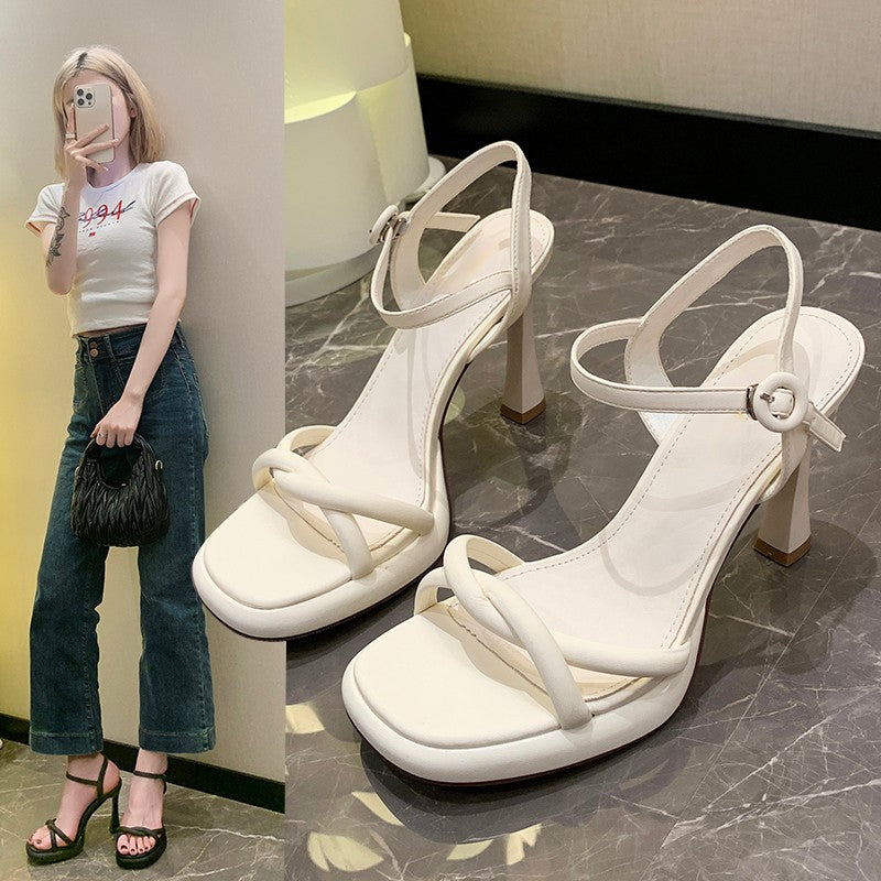 sengpashop Design Green Simple Sandals for Women Summer  New Thin Cross Straps Open Toe High Heels Ankle-Strap Stilettos