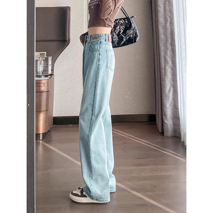 Light-Colored Jeans Women's 2024 New Spring and Autumn High Waist Loose and Slimming Embroidered Small Narrow Version Wide-Leg Pants