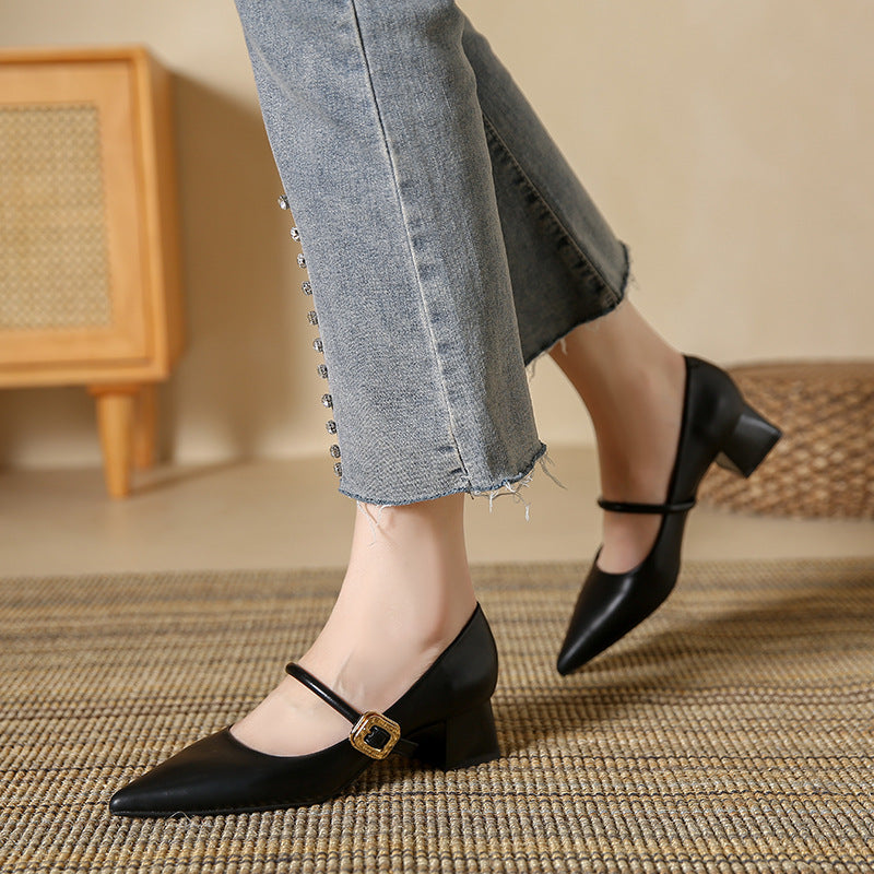 sengpashop Retro  Pumps Women's  New All-Match Pointed Mid Heel Mary Jane Women's Shoes Chunky Heel Summer High Heels