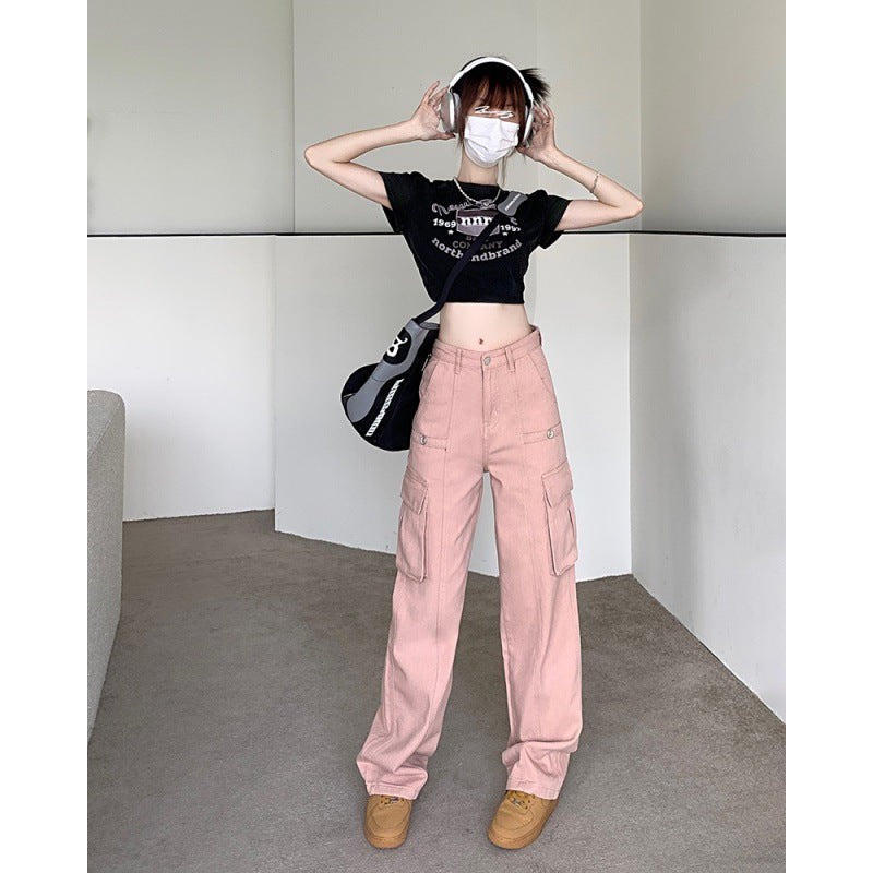 American Denim Overalls Women's 2024 New Retro High Waist Loose and Slimming Pocket Trousers Wide Leg Pants