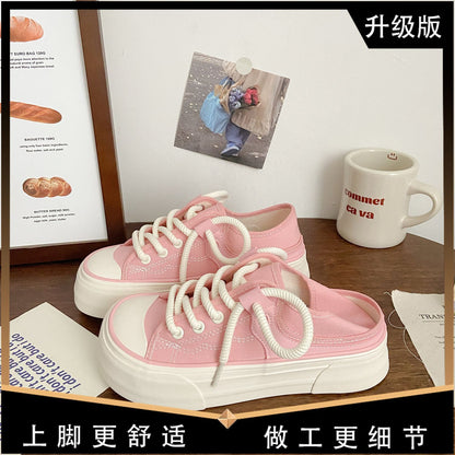 Women's Thick-Soled Canvas Shoes  Summer New Niche Original Ugly and Cute Mango Head Student Semi Slipper White Shoes