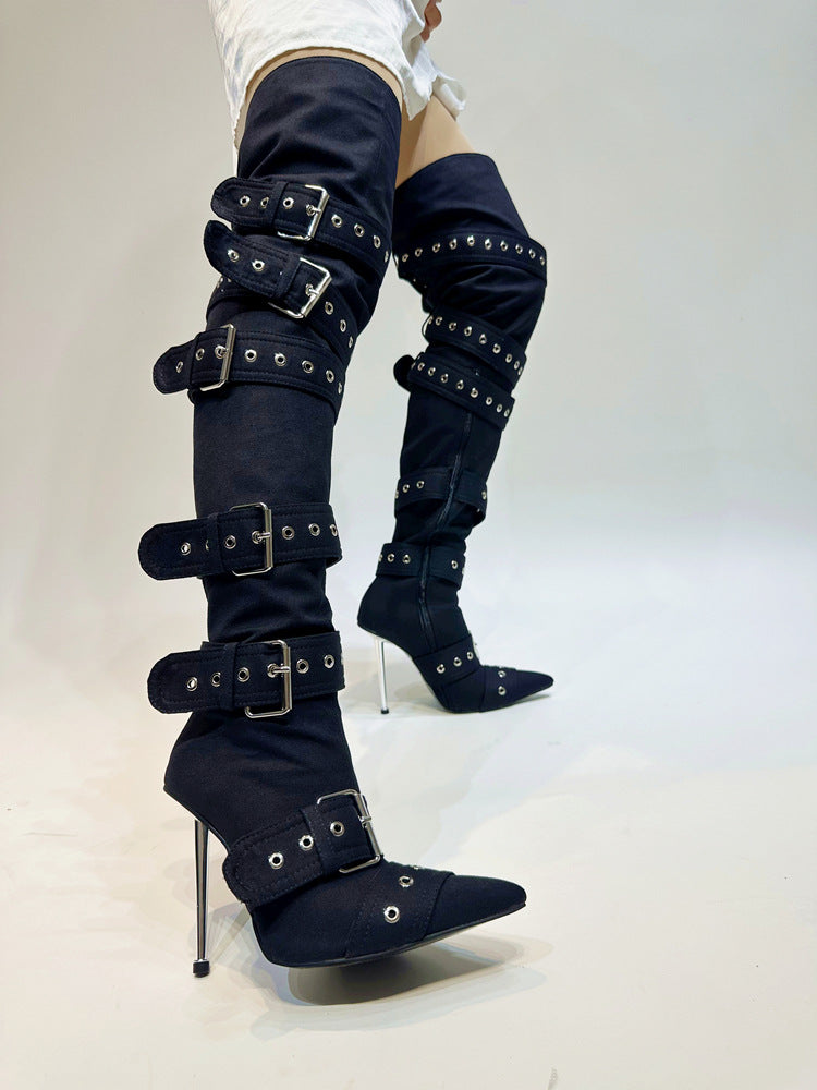 New HOT and NEW Cross Border High Heel over the Knee Boots Pointed Buckle with Rivet Sexy Women's Large-Sized Shoes 43