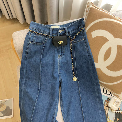 Fall 2024 New Blue Color Design Sense Niche Jeans Women's Korean-Style High Waist Slimming All-Matching Straight Wide-Leg Pants