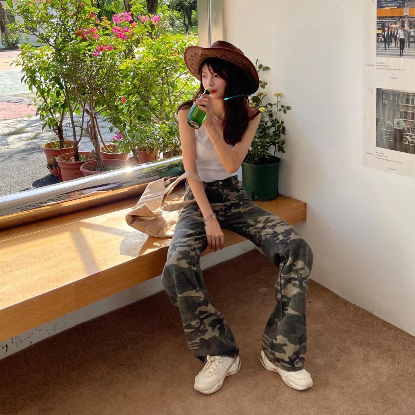 Hong Kong Style Workwear Army Green High Waist Loose and Slimming Wide Leg Jeans Women's Summer Hot Girl Camouflage Straight Long Pants